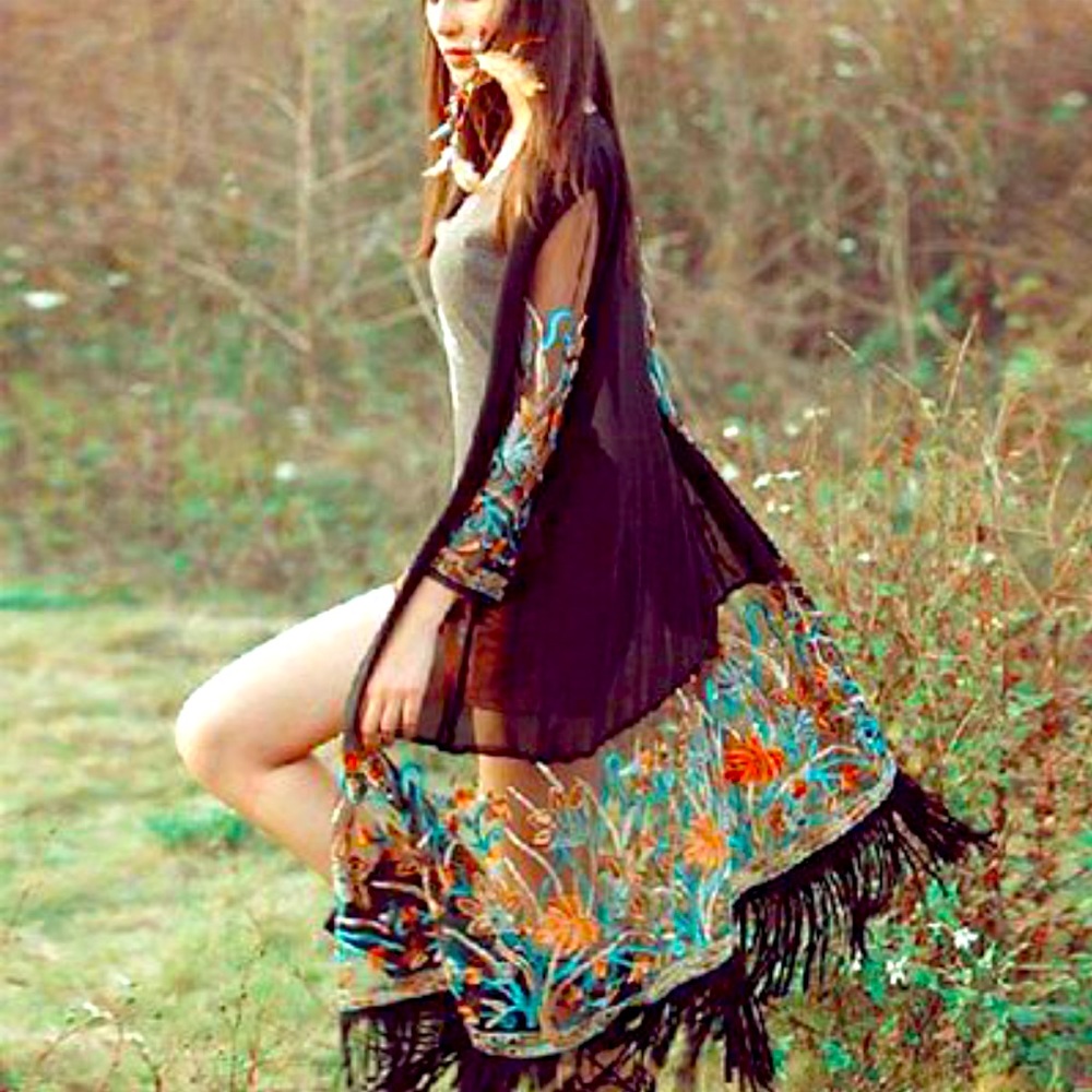Boho Long Sleeve Floral Fringe Chiffon Kimono